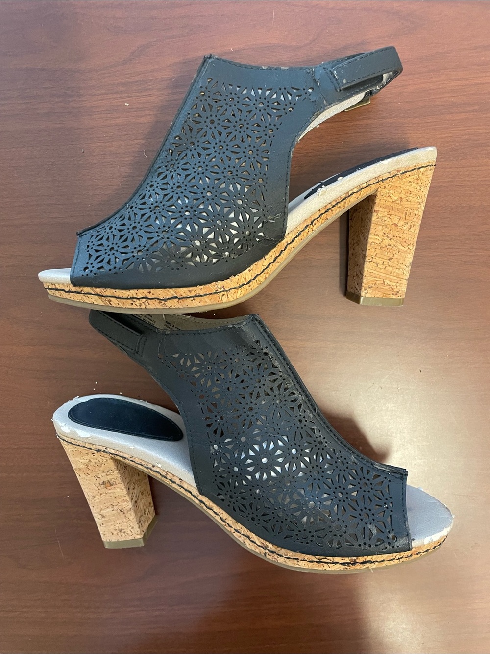 Women’s Black Laser-Cut Cork Block Heel Sandals